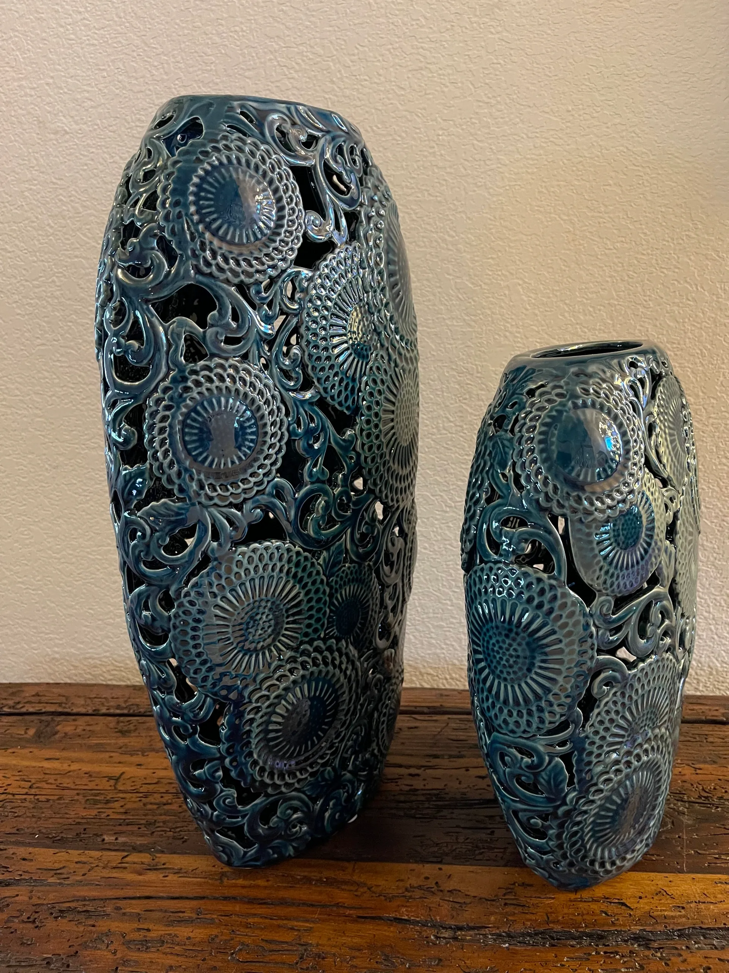 Blue Oval Ceramic Cut Out Vase - Set of 2