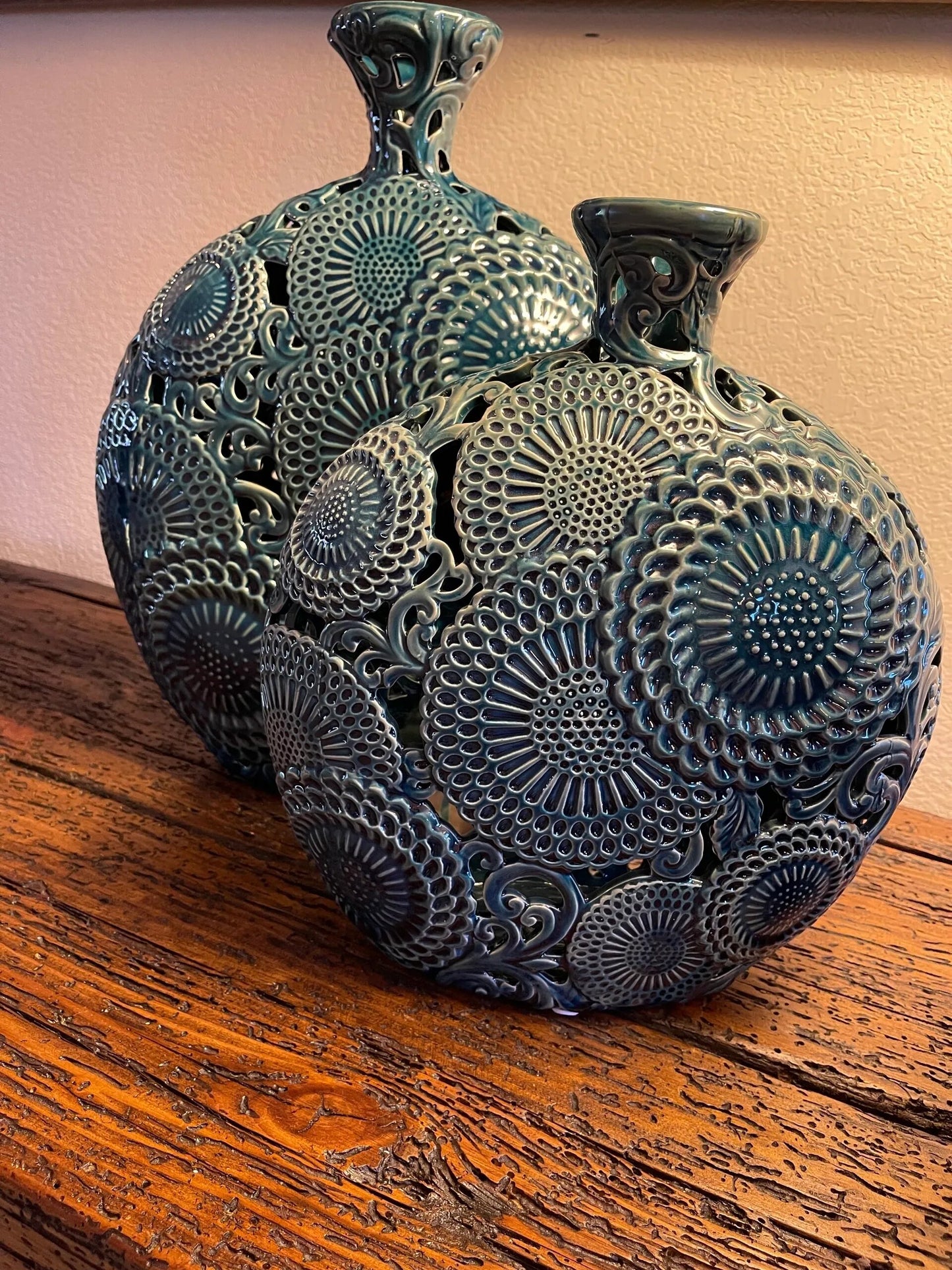 Blue Round Ceramic Cut Out Vase - Set of 2