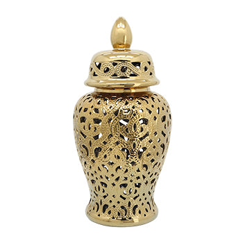 24" Ceramic Cut Out Temple Jar, Gold