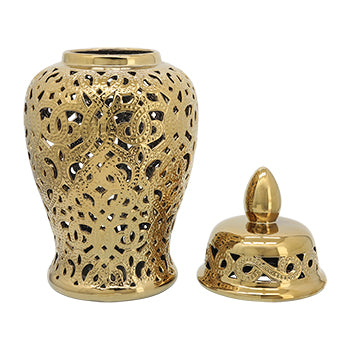 24" Ceramic Cut Out Temple Jar, Gold