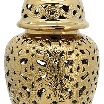 24" Ceramic Cut Out Temple Jar, Gold