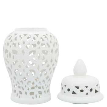 18" Ceramic Cut Out Temple Jar, White