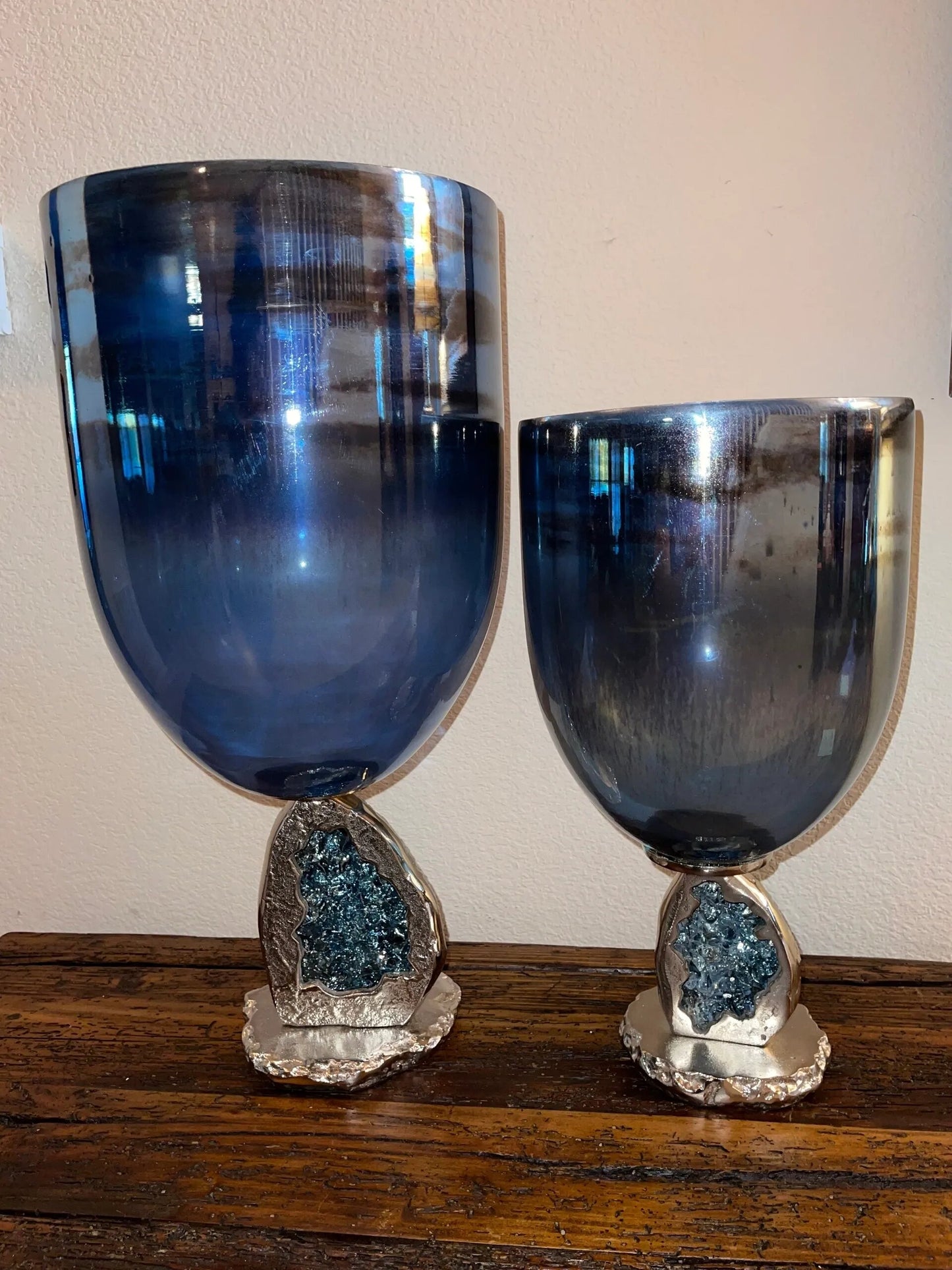 Blue Crystal Rock Glass Hurricanes (17"H & 22"H)