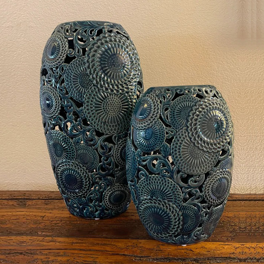 Blue Oval Ceramic Cut Out Vase - Set of 2