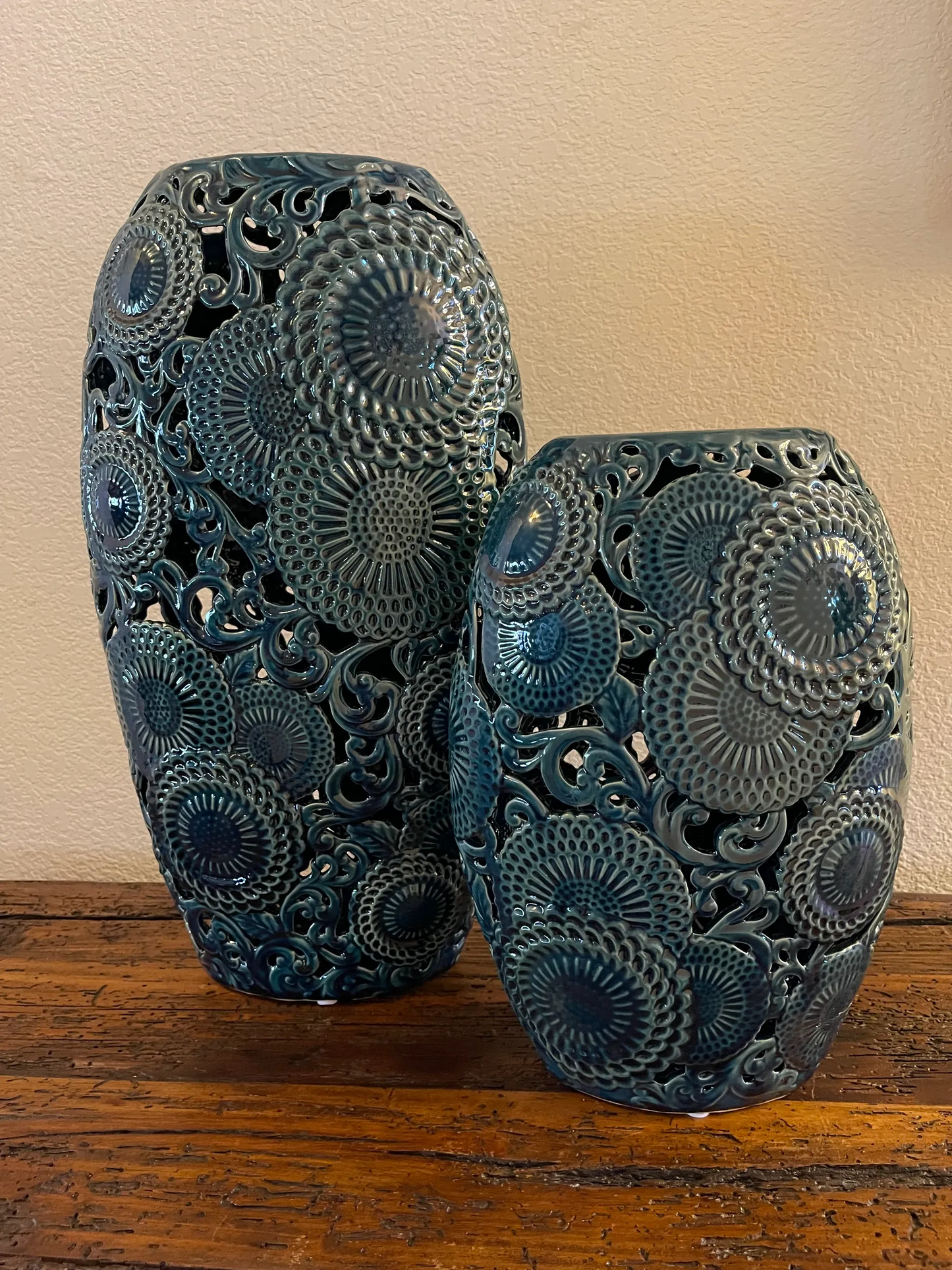 Blue Oval Ceramic Cut Out Vase - Set of 2