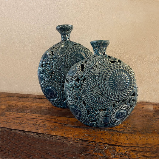 Blue Round Ceramic Cut Out Vase - Set of 2